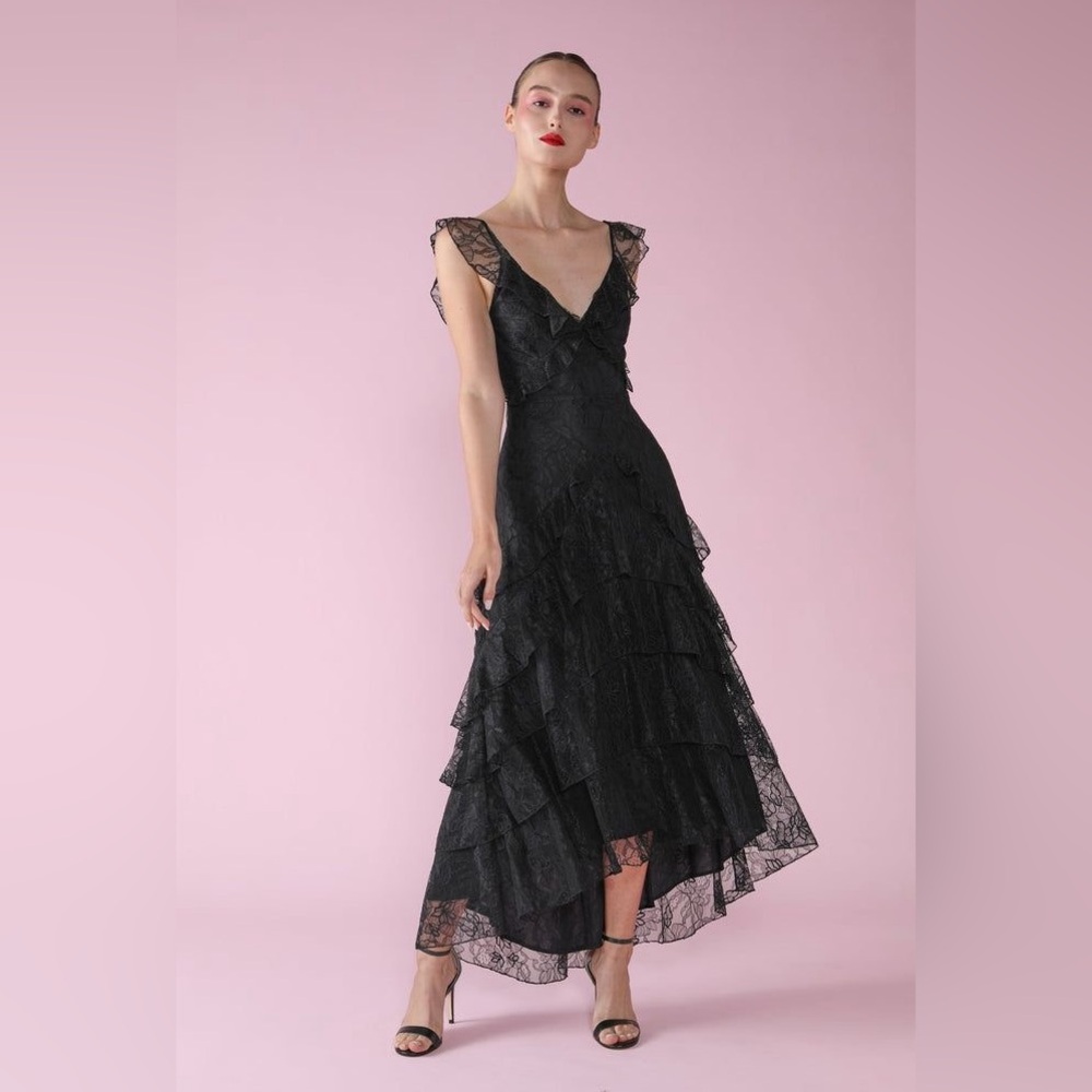 NWT Sau Lee Black Henrietta Lace Ruffle High-Low Midi Dress Size 6 Dark Romance